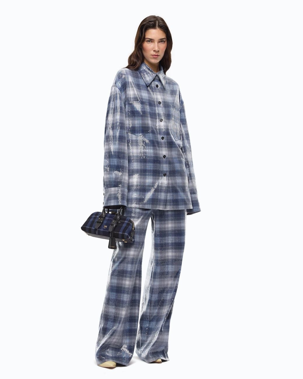 Pinko Blue Palazzo Trousers With Check Pattern And Sequins