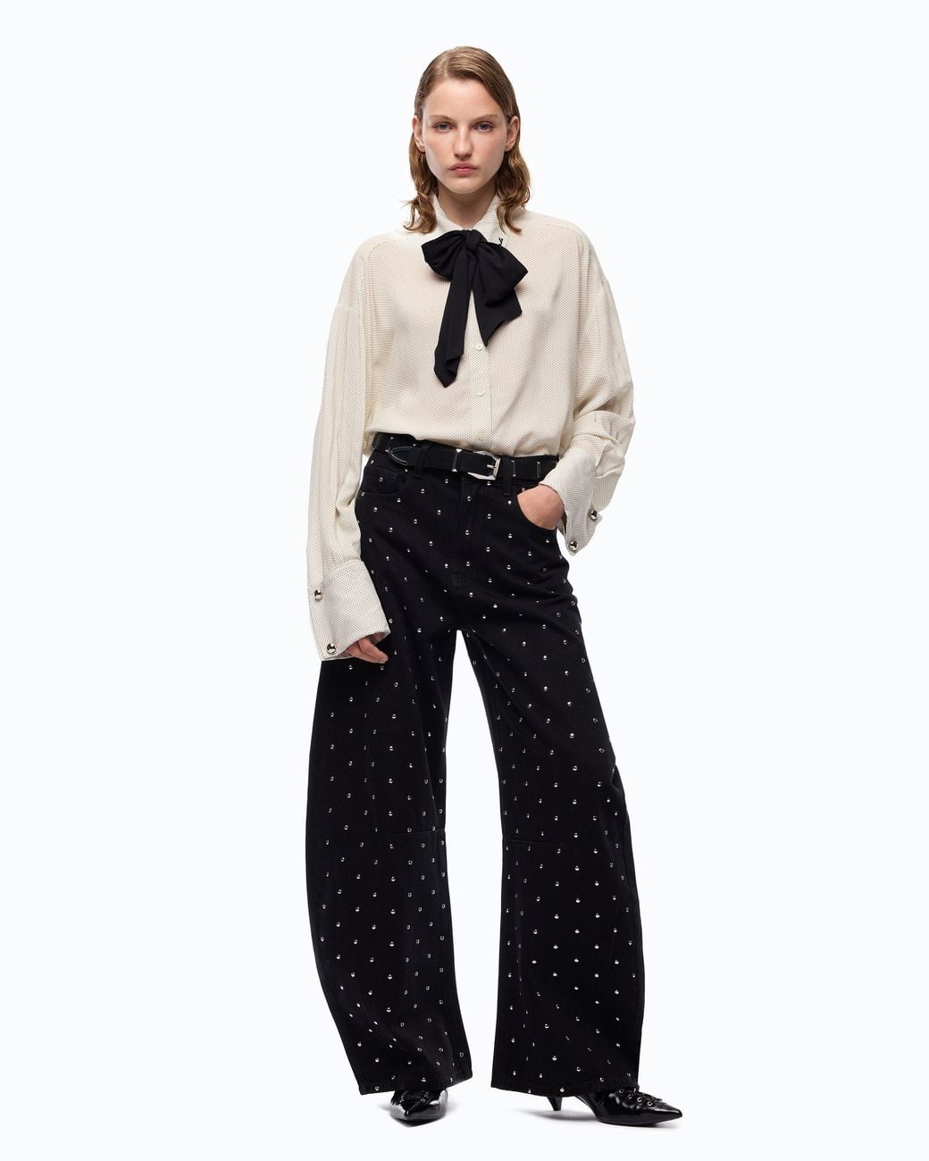 Pinko White Poplin Shirt With Removable Tie And Polka Dots