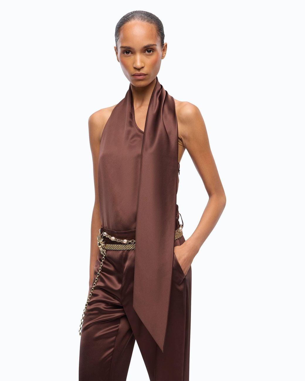 Pinko Purple Long Satin Jumpsuit With Sash