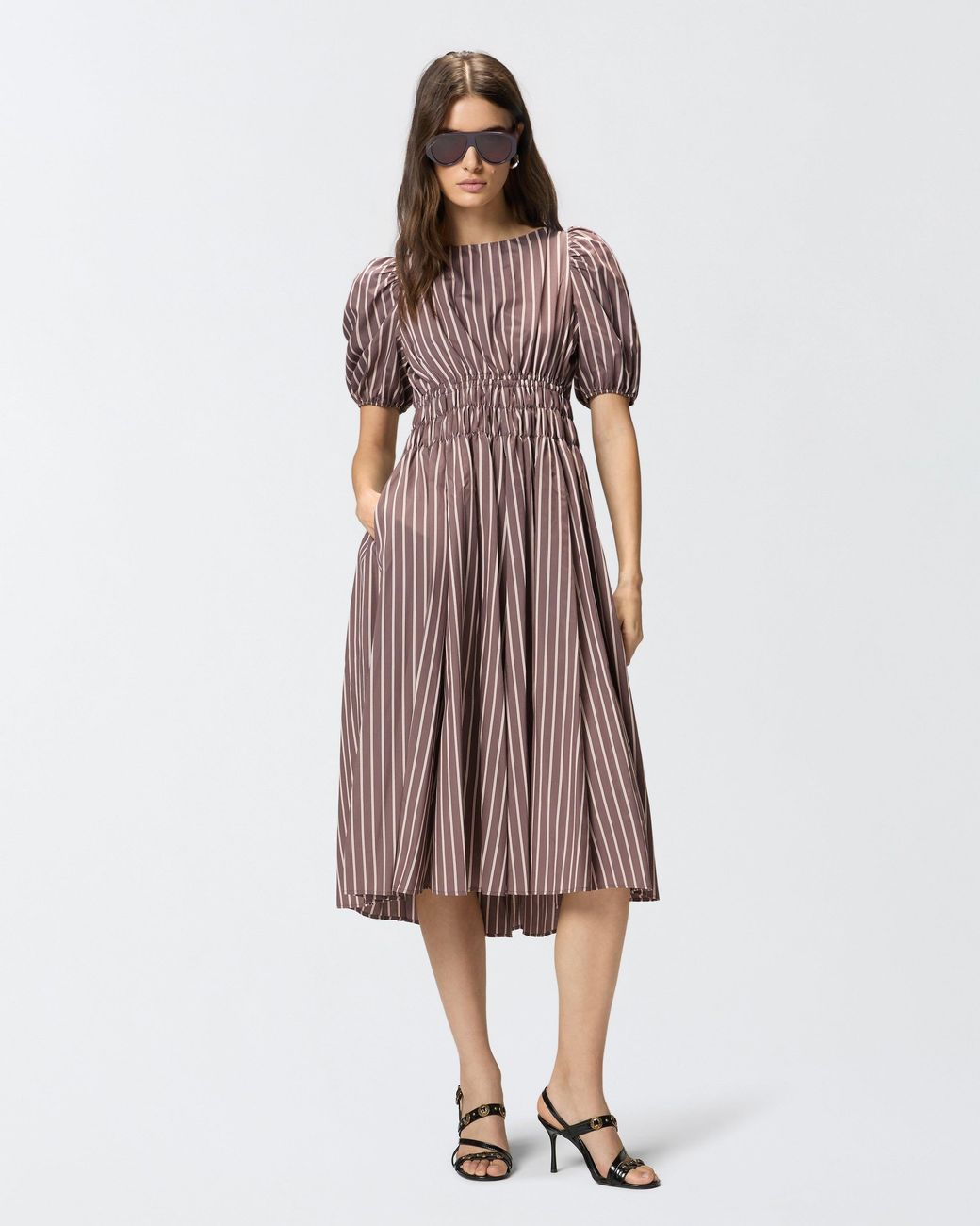 Pinko Brown Striped Midi Dress With Open Back