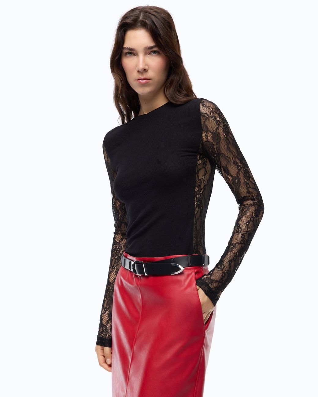 Pinko Black Ribbed Sweater With Lace Sleeves
