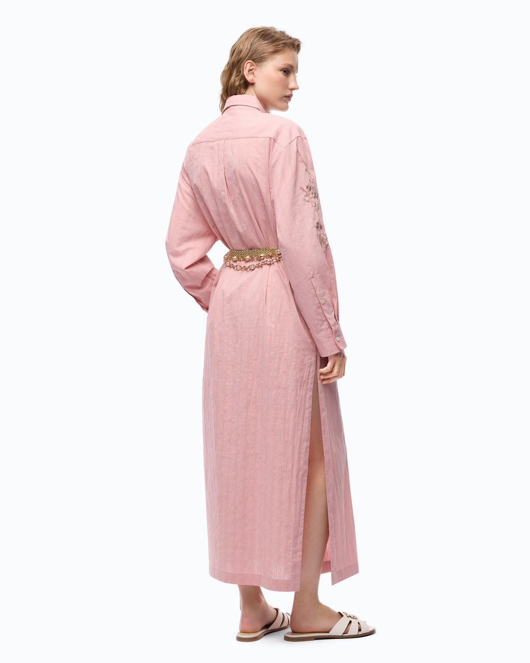 Pinko Pink Long Striped Chemisier Dress With Floral Embroidery