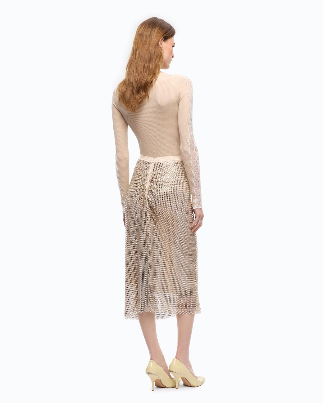 Pinko White Mesh-Effect Calf-Length Skirt With Rhinestones