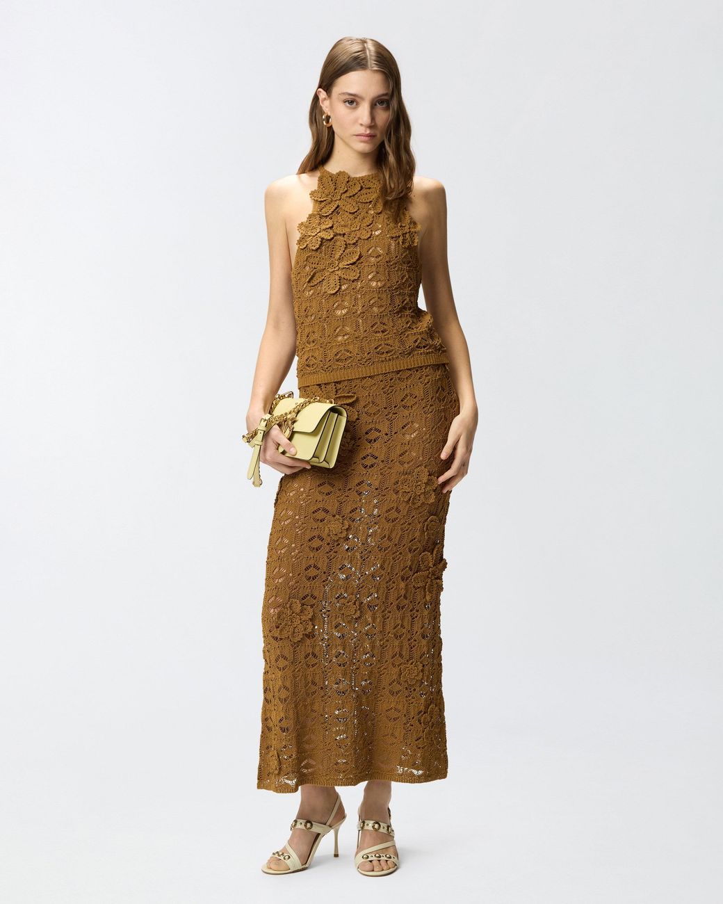 Pinko Natural Crochet-Effect Midi Skirt With Appliqué Flowers