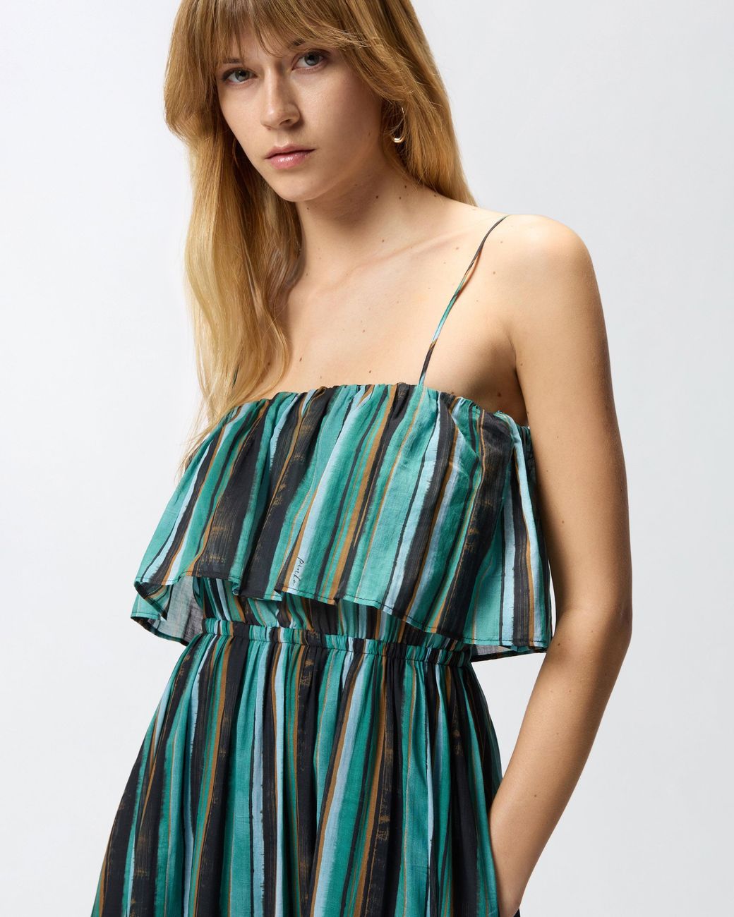 Pinko Green Long Muslin Dress With Brushed Striped Print
