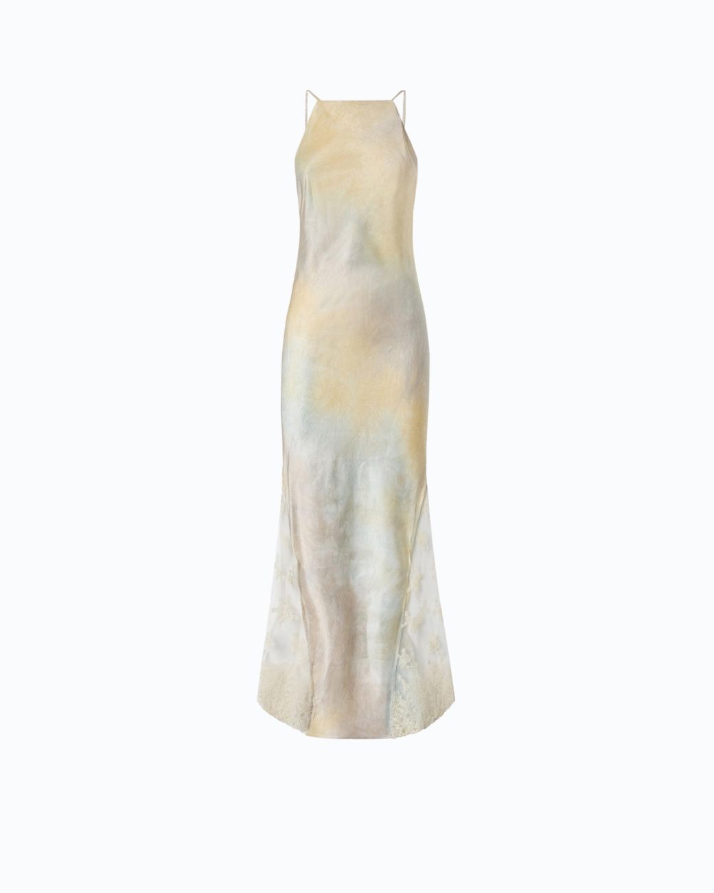 Pinko White Satin Dress With Shaded Color And Lace Insert