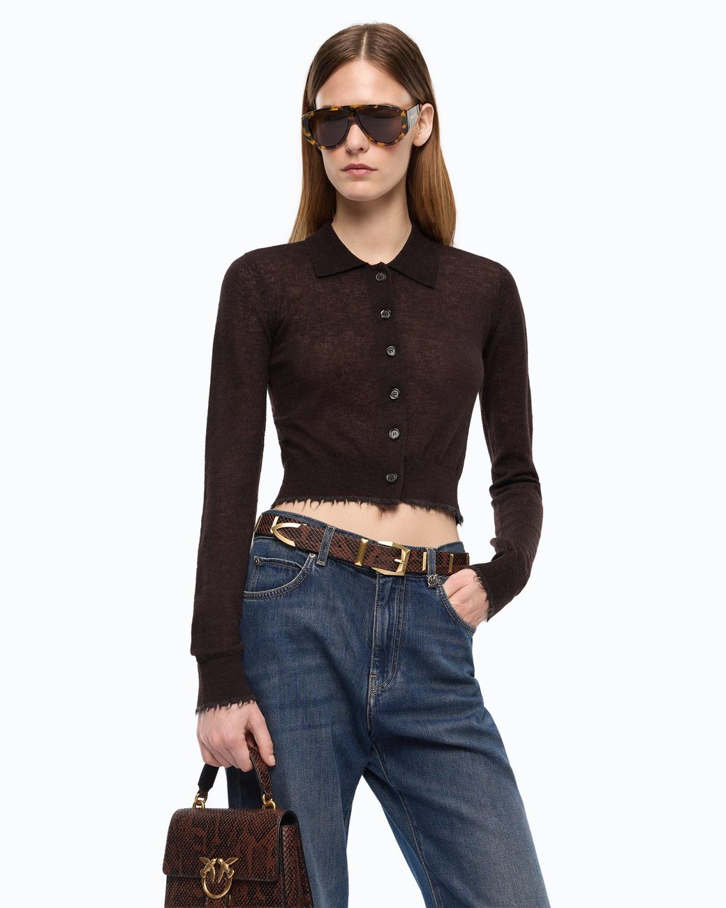 Pinko Black Cropped Cardigan With Polo Collar