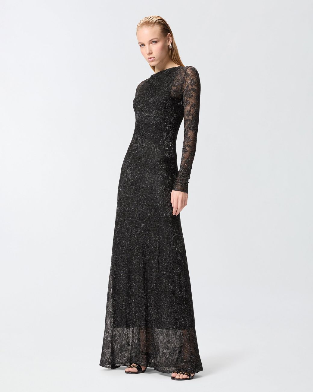 Pinko Black Long Dress With Mesh And Floral Lace