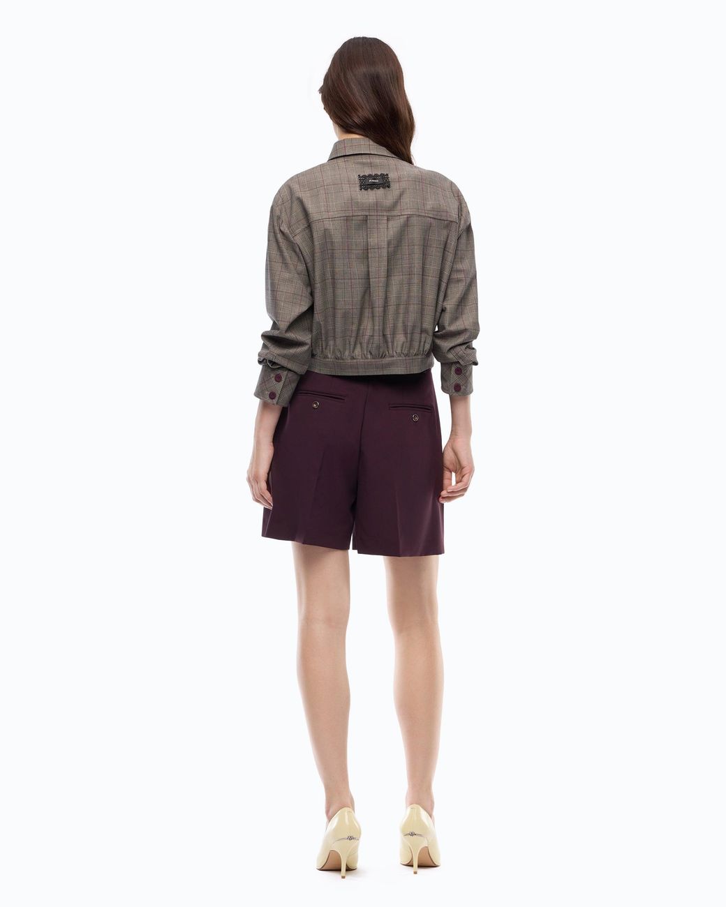 Pinko Gray Check Wool-Blend Cropped Overshirt