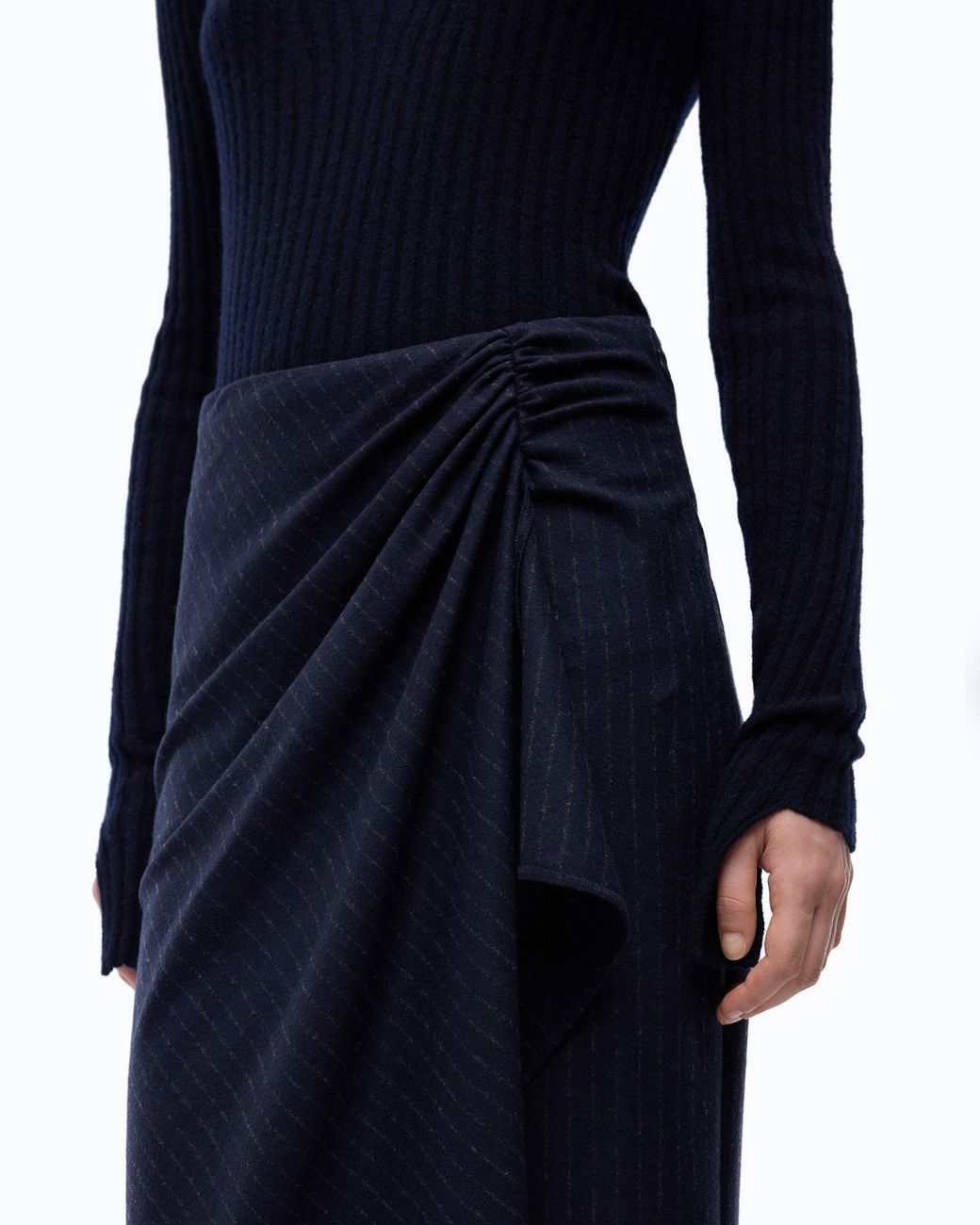 Pinko Blue Wool Midi Dress With Pinstriped Skirt