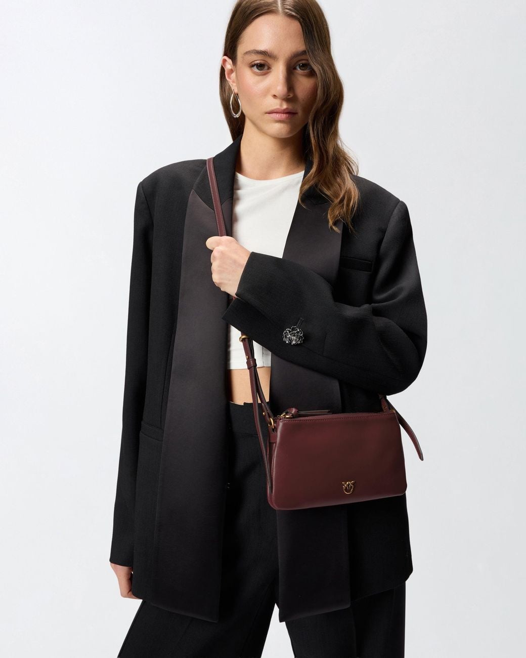 Pinko Brown Leather Mini Double Bag With Shoulder Strap