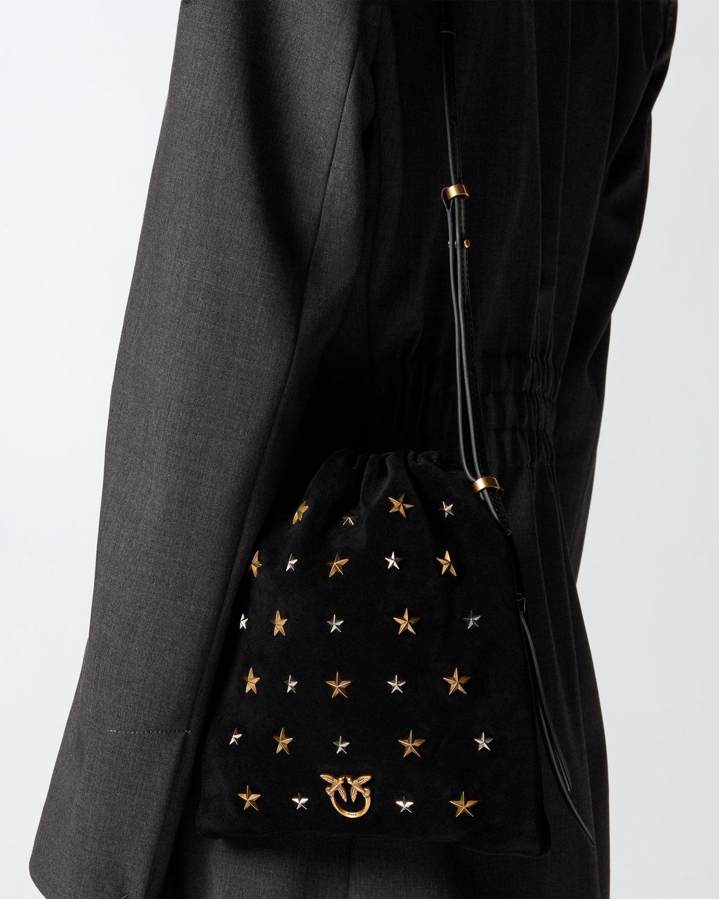 Pinko Black Suede Mini Slouchy Bag With Star Studs