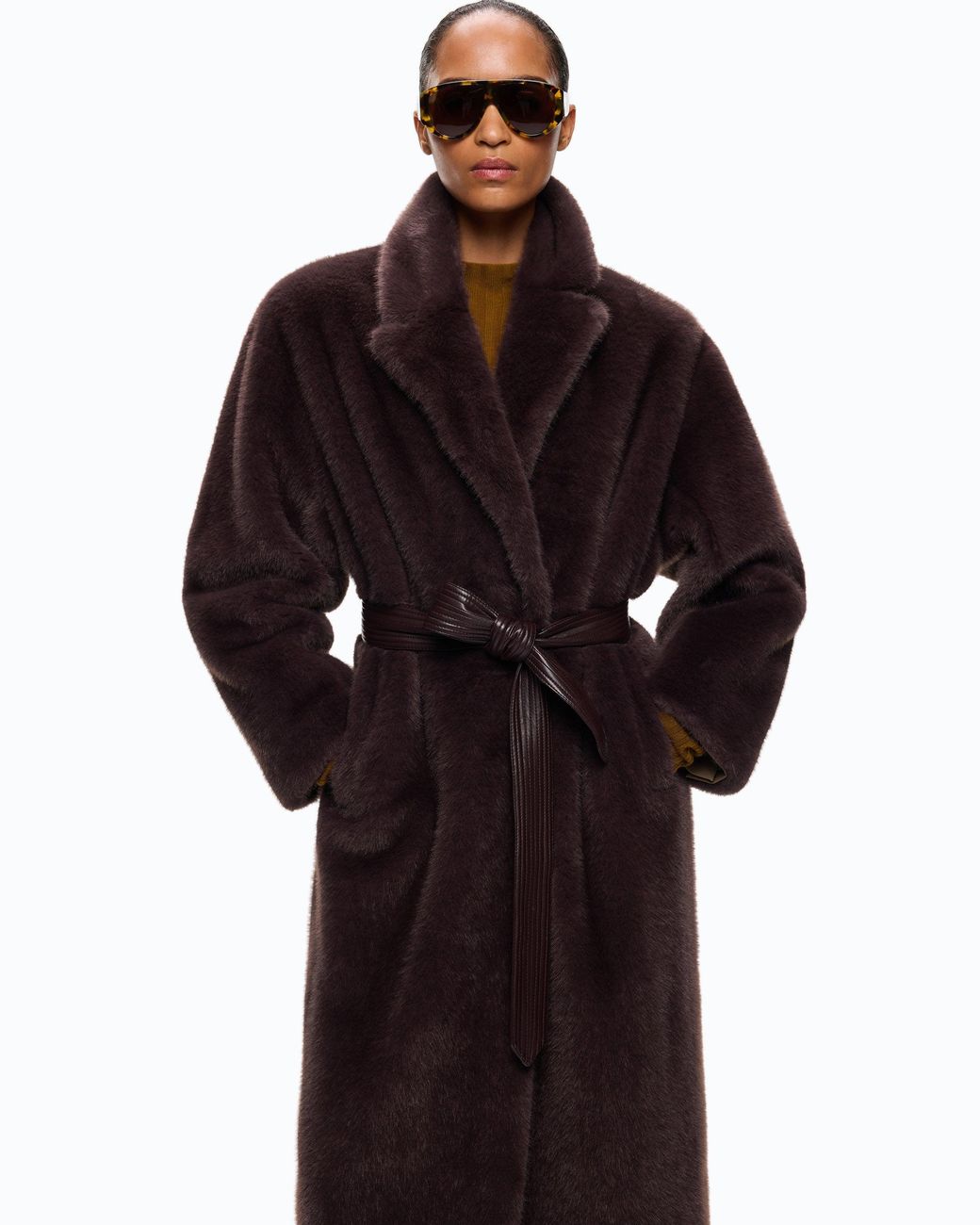 Pinko Red Long Faux Fur Coat With Belt