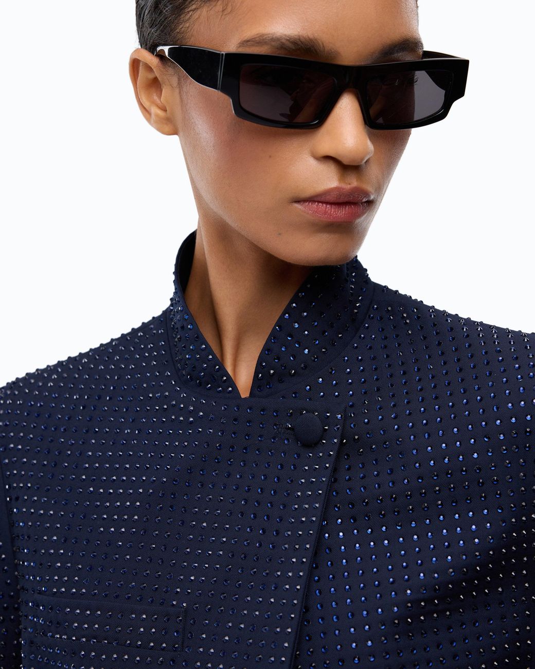 Pinko Blue Cropped Jacket With Rhinestones