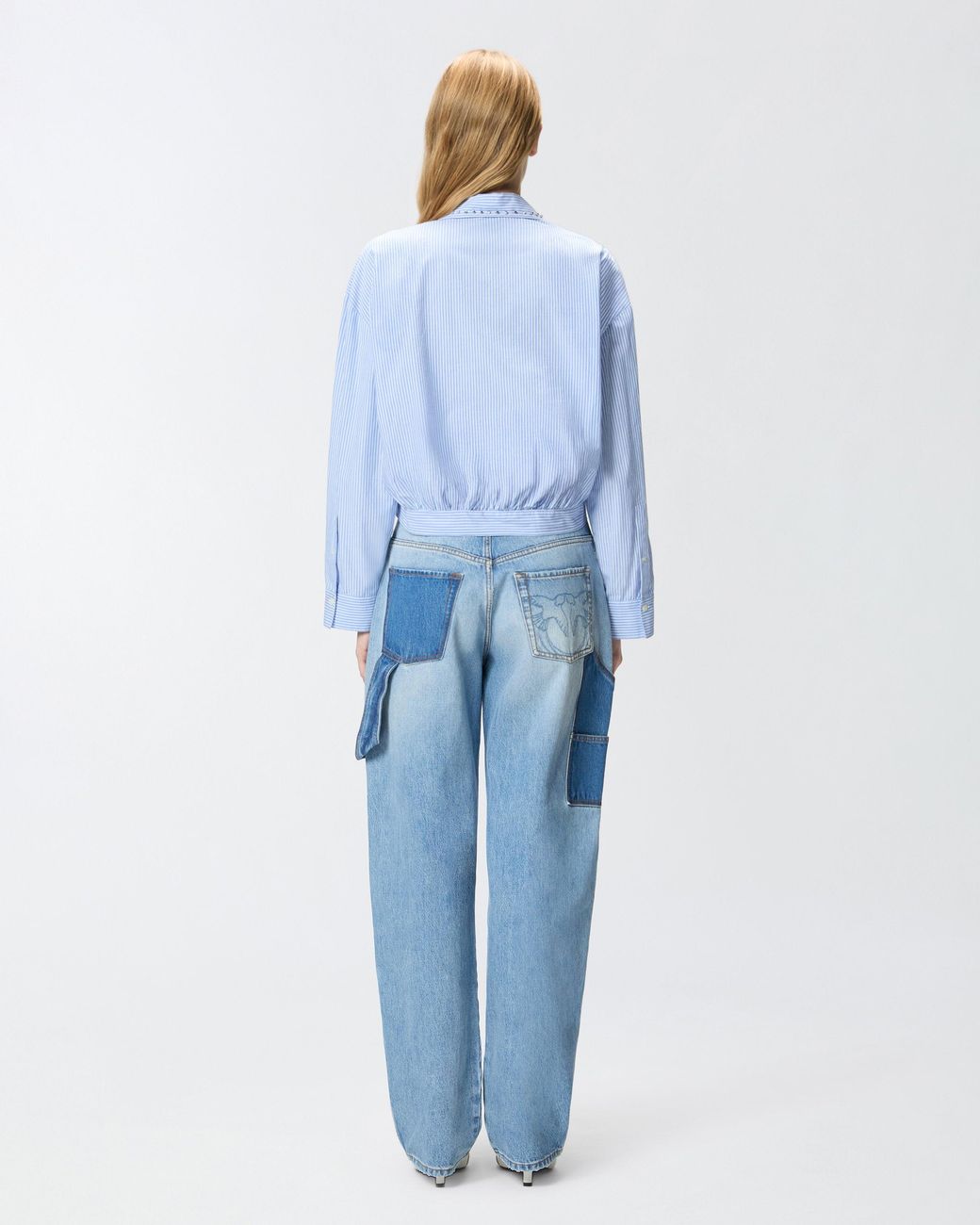 Pinko Blue Cropped Striped Shirt With Jewel Collar