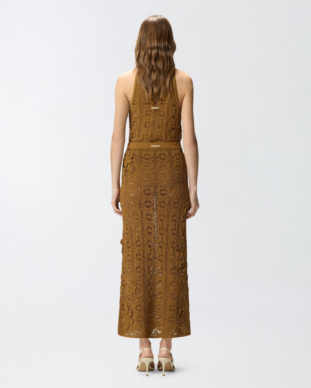 Pinko Natural Crochet-Effect Midi Skirt With Appliqué Flowers