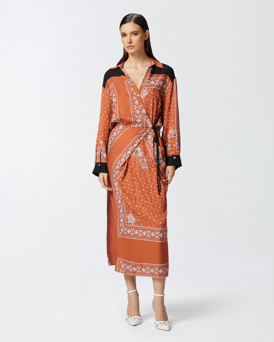 Pinko Long Bandana-print Wrap Dress in Orange | Lyst