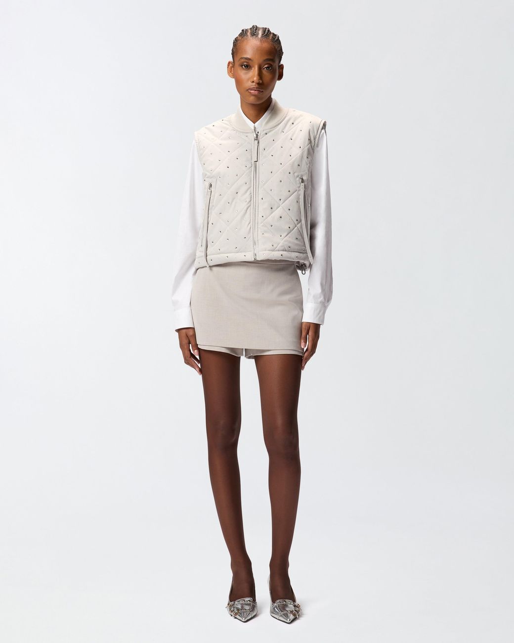 Pinko White Quilted Vest With Rhinestones And Studs