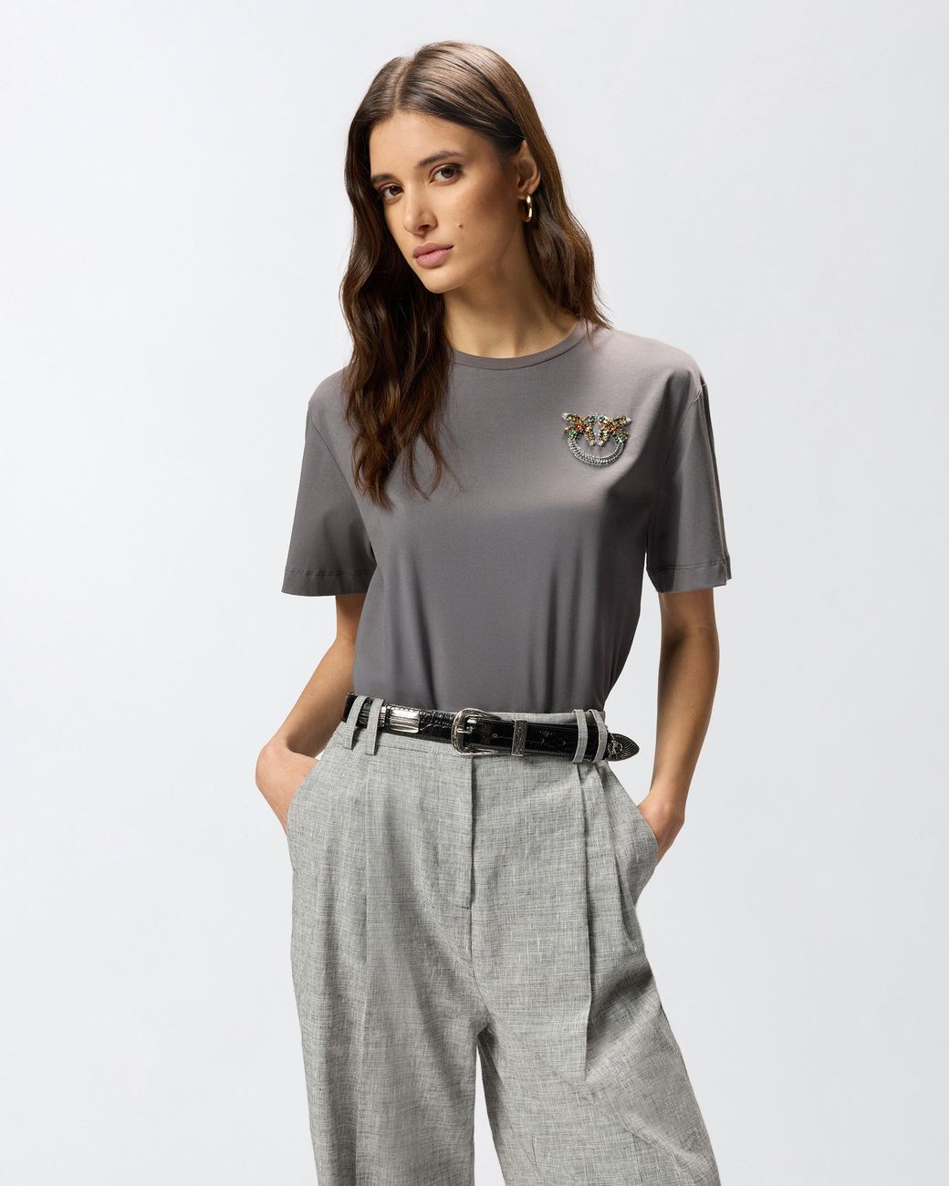 Pinko Gray T-Shirt With Love Birds Jewel Detail