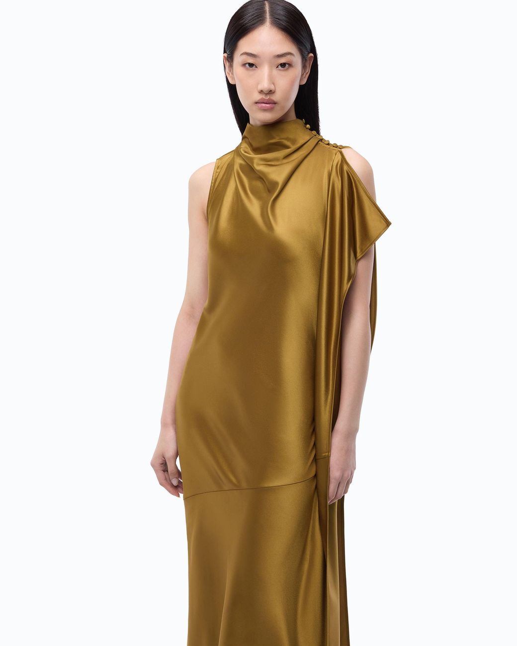 Pinko Metallic Long, One-Shoulder Satin Dress