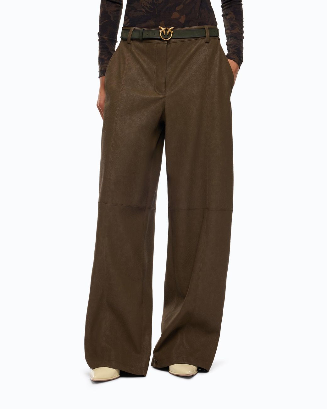 Pinko Natural Straight-Fit Nubuck Leather-Effect Trousers