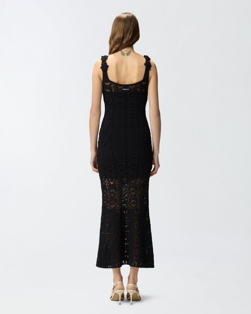 Pinko Blue Crochet-Effect Midi Dress With Appliqué Flowers