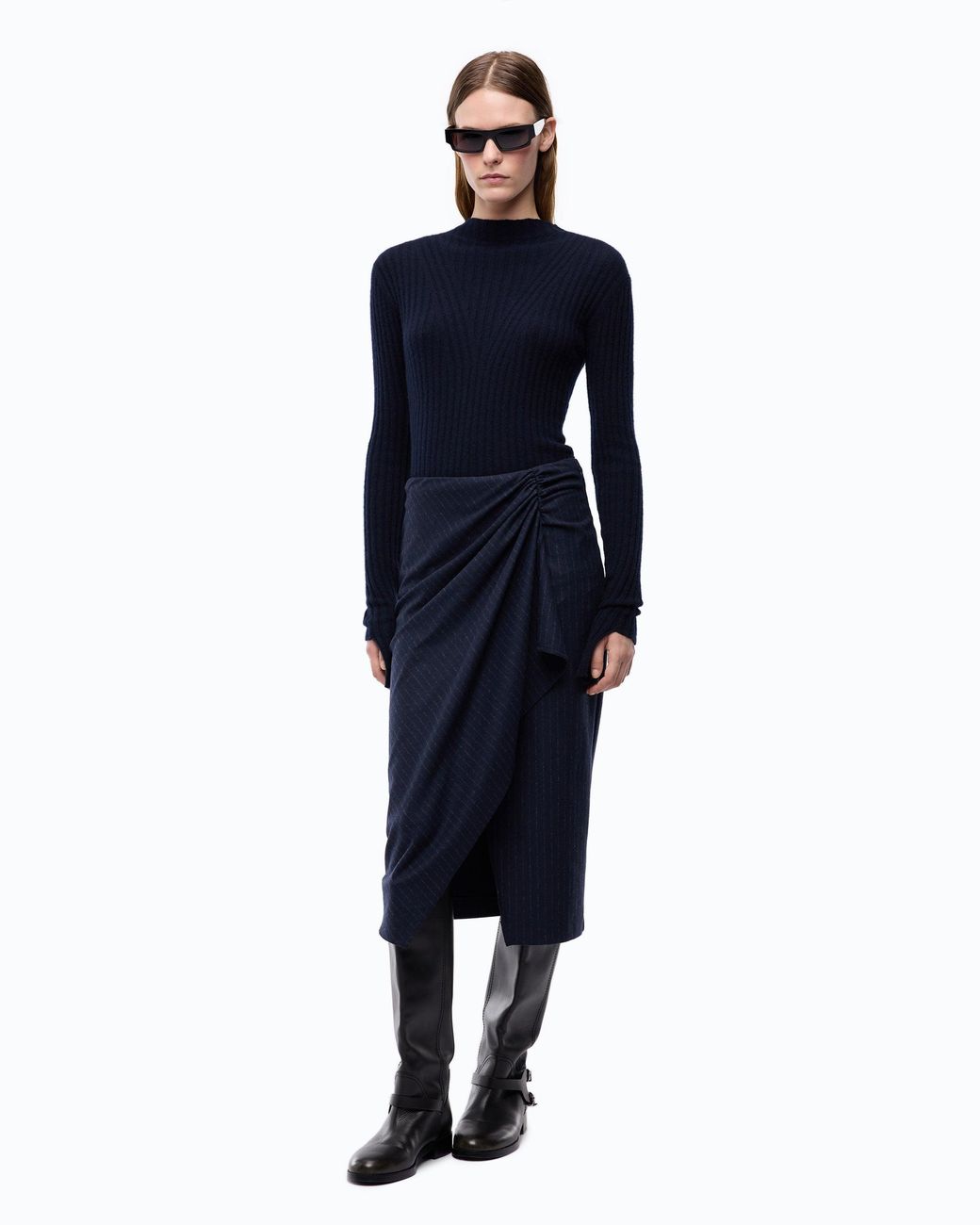 Pinko Blue Wool Midi Dress With Pinstriped Skirt