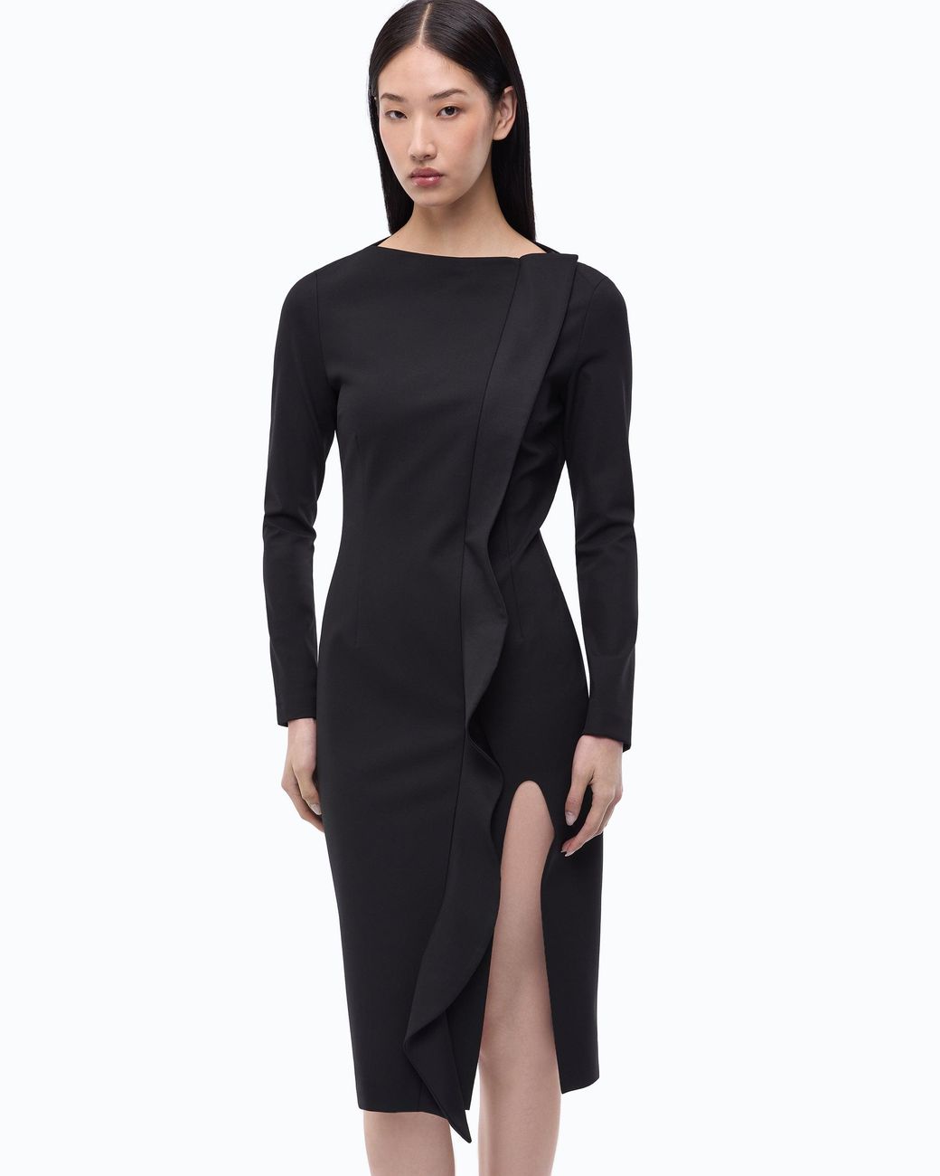 Pinko Black Midi Sheath Dress With Ruffle And Open Back