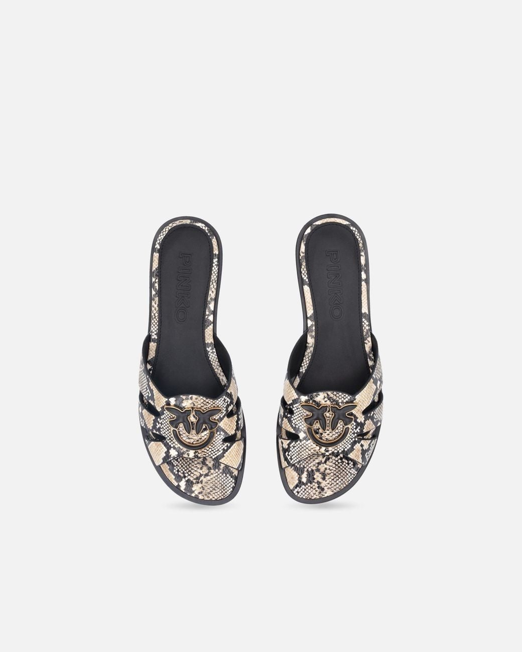 Pinko White Leather Slip-On Sandals With Python Print And Love Birds Logo