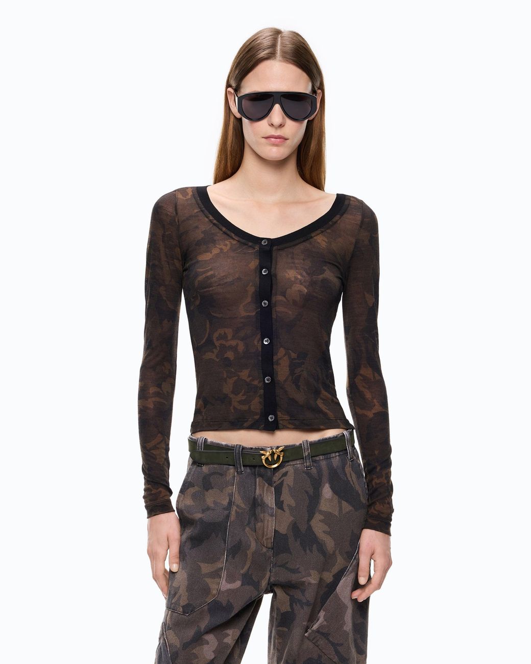 Pinko Black Cardigan With Floral Camouflage Print
