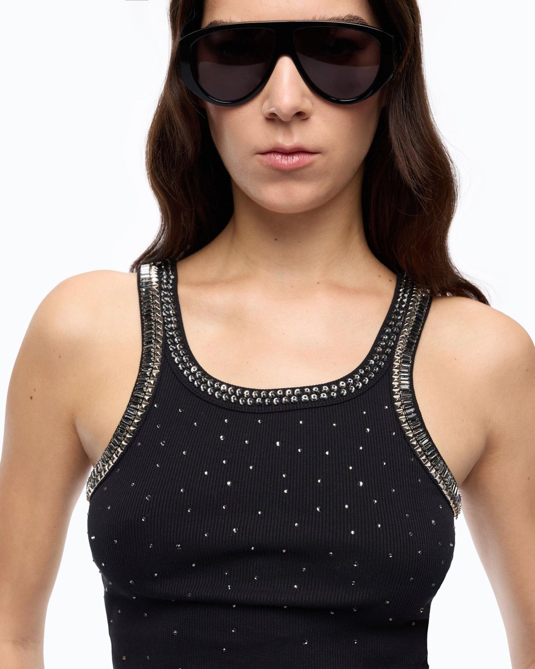 Pinko Black Ribbed Top With Bejewelled Embellishment