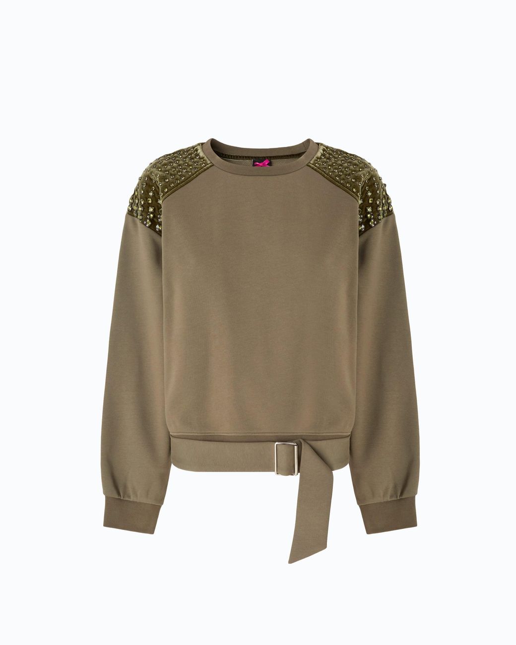 Pinko Green Cotton Sweatshirt With Rhinestones On The Shoulders
