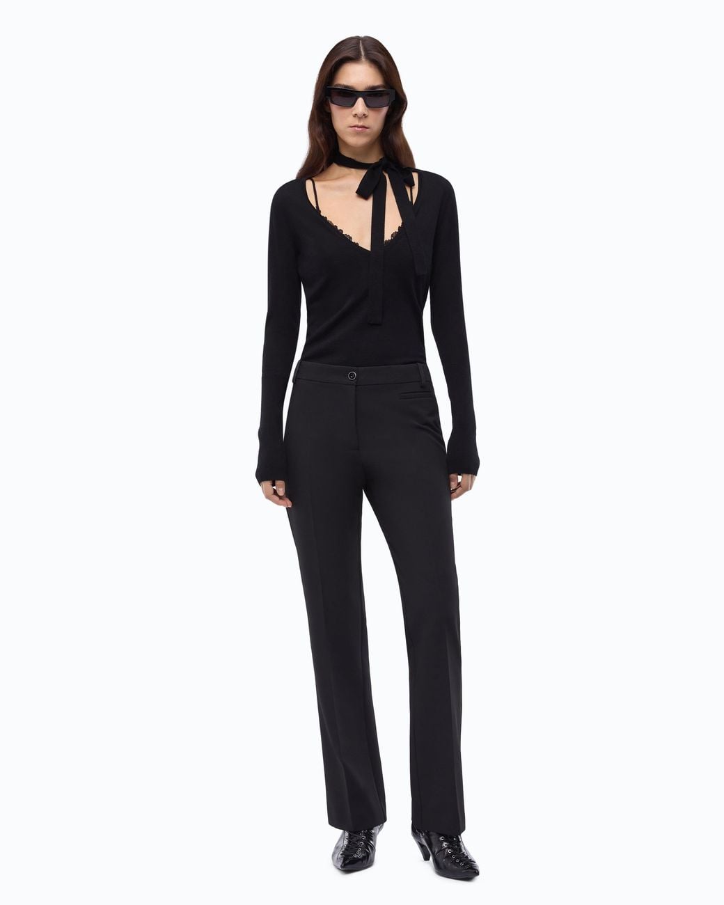 Pinko Black Wool Sweater With Lace And Sash