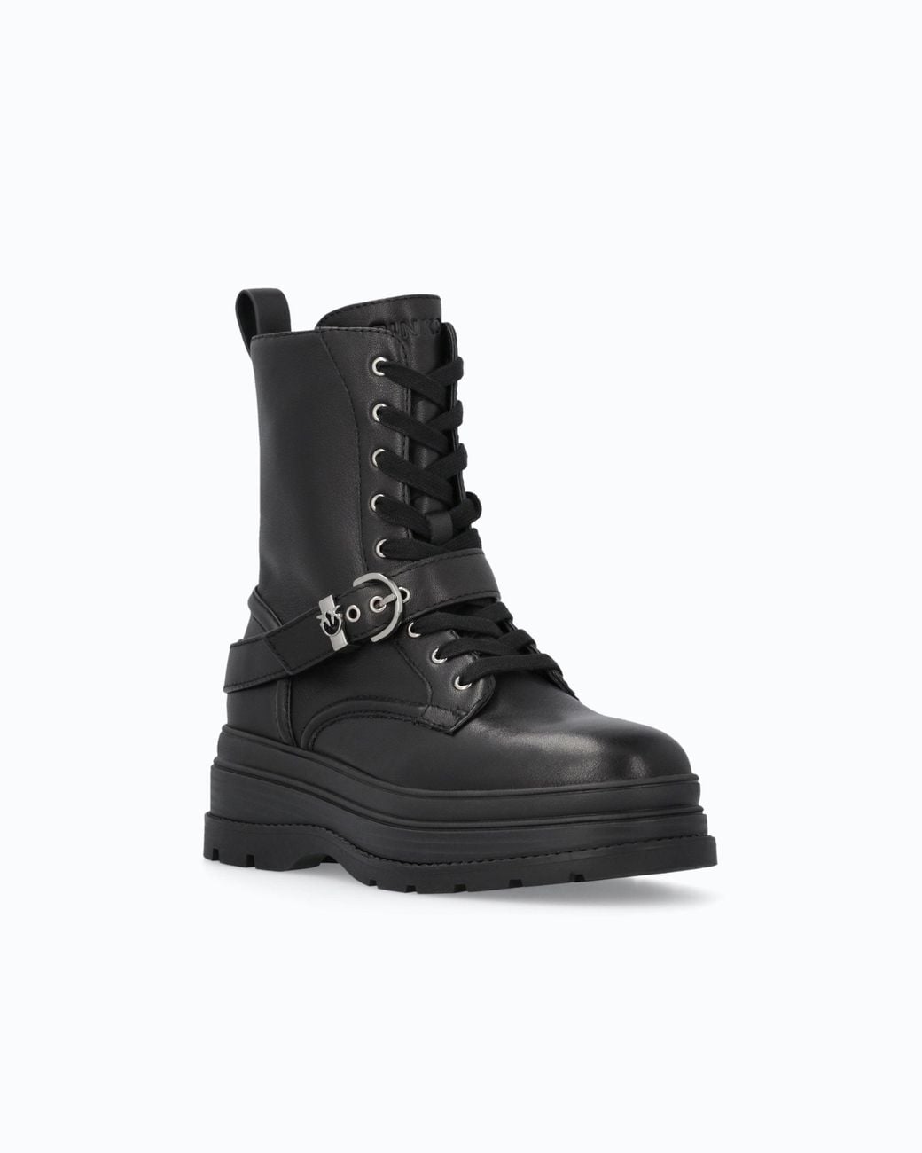 Pinko Black Leather Combat Boots With Strap