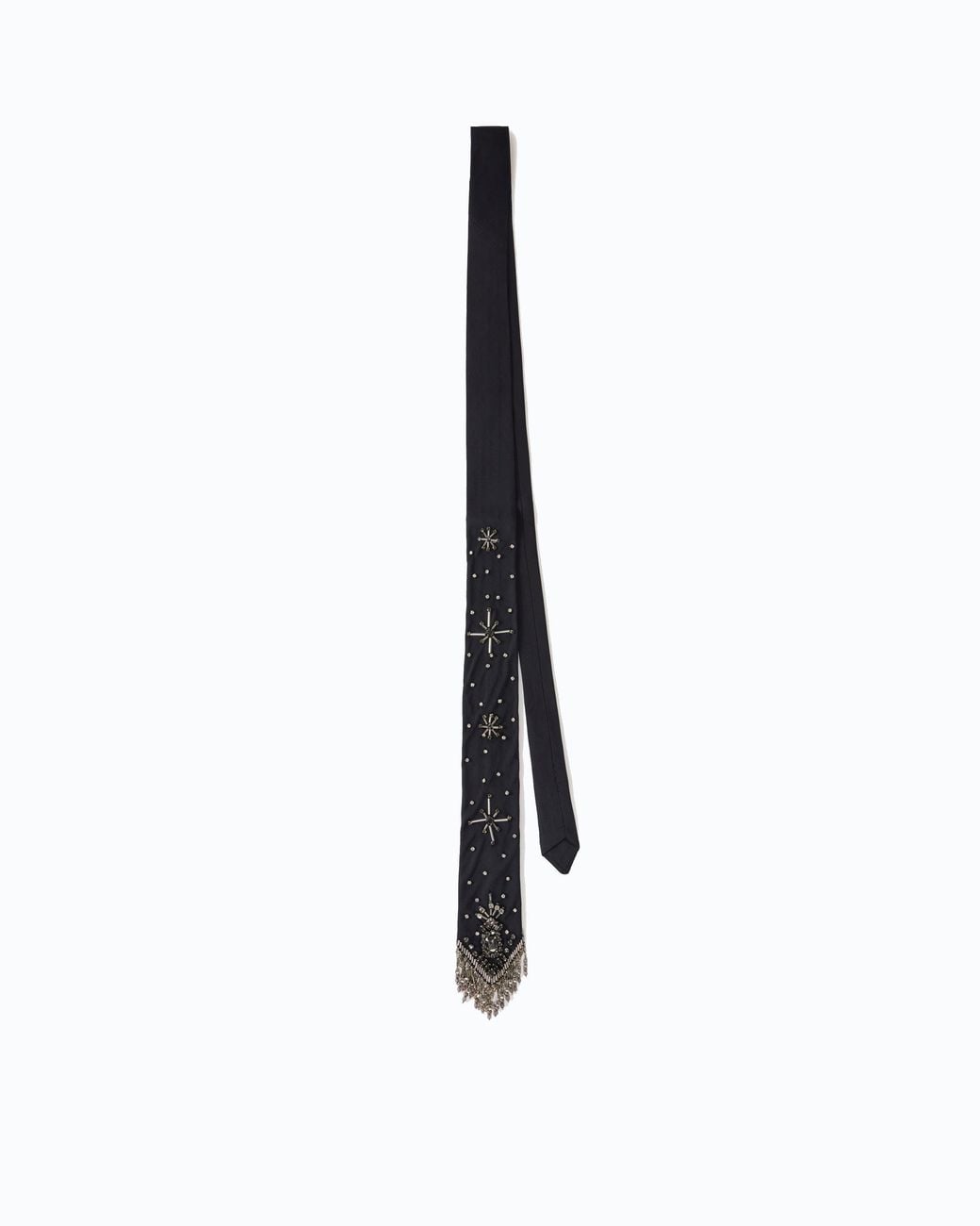 Pinko White Satin Tie With Hand Embroidery And Jewelled Fringing
