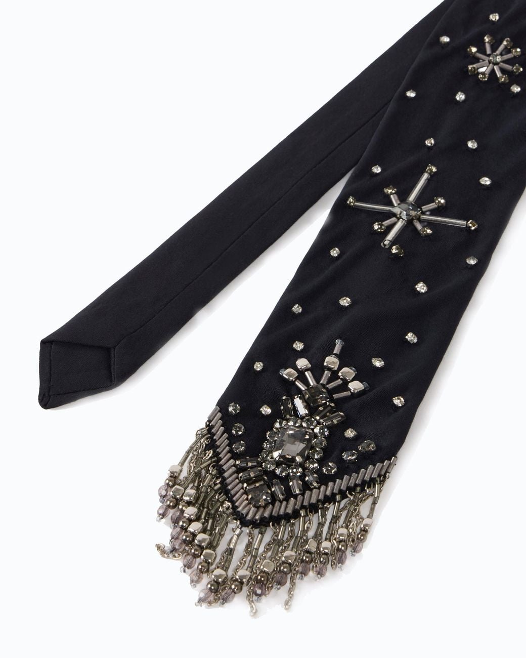 Pinko White Satin Tie With Hand Embroidery And Jewelled Fringing