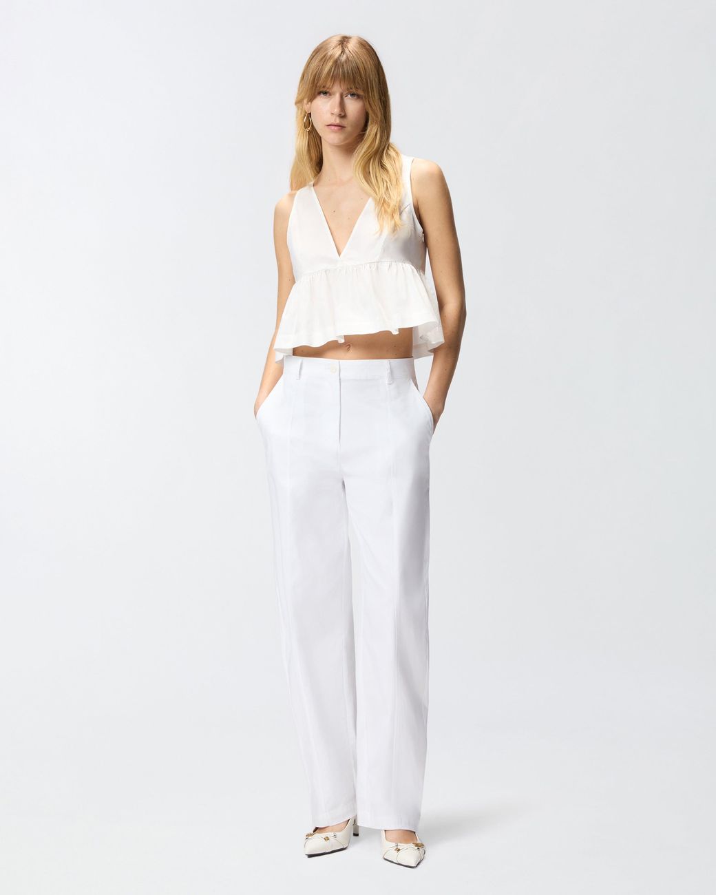 Pinko White Crop Top With Ruffle And Ties