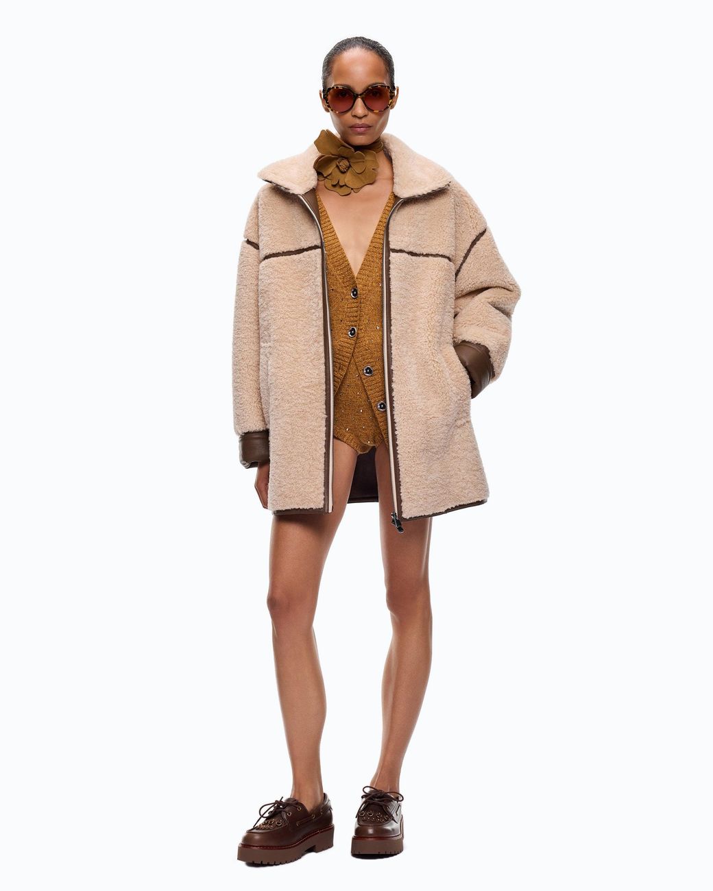 Pinko Natural Shearling-Effect Pea Coat With High Neck