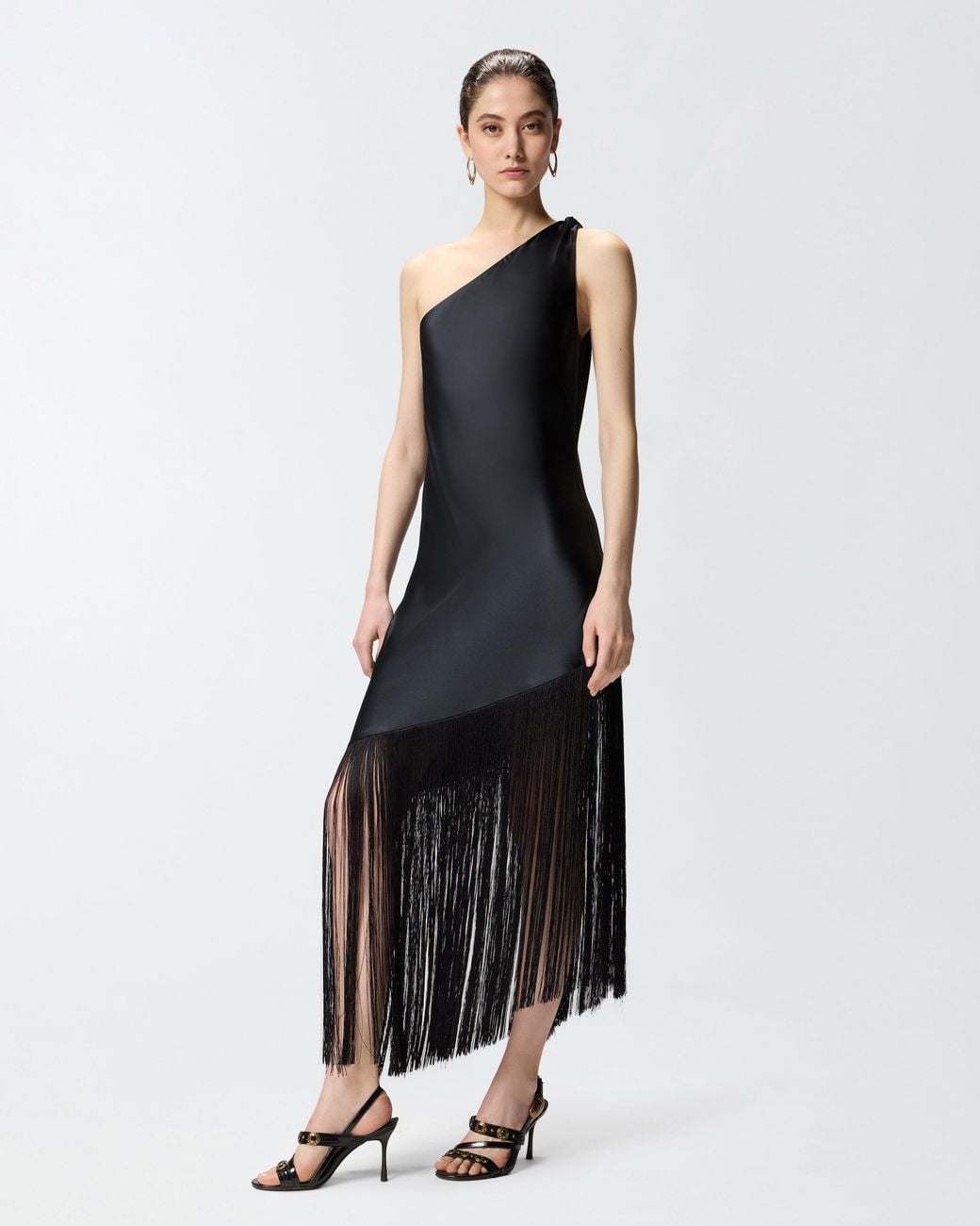 Pinko White Satin One-Shoulder Mini Dress With Fringing