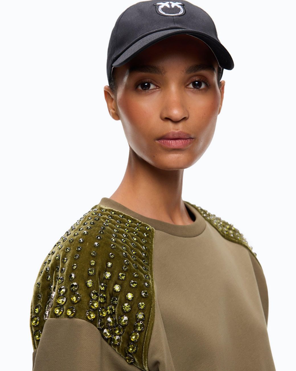 Pinko Green Cotton Sweatshirt With Rhinestones On The Shoulders