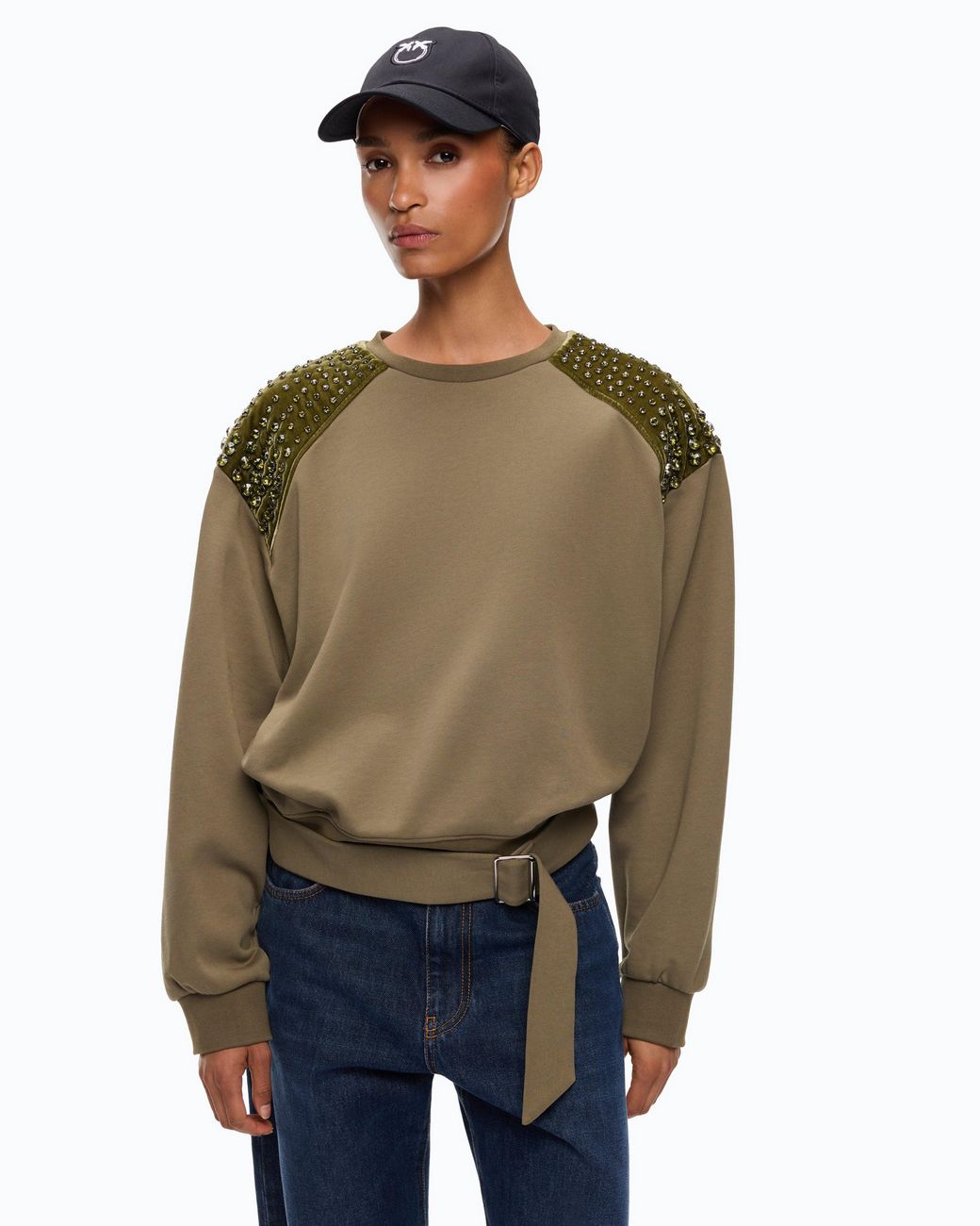 Pinko Green Cotton Sweatshirt With Rhinestones On The Shoulders