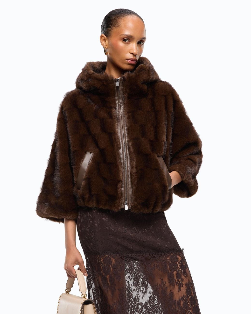 Pinko Brown Faux Fur Blouson Jacket With Hood