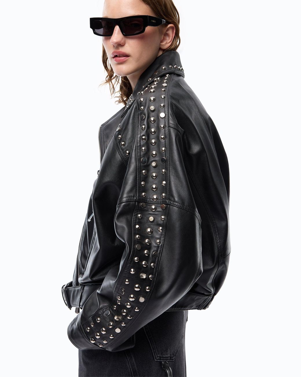 Pinko Black Nappa Leather Biker-Style Jacket With Studs