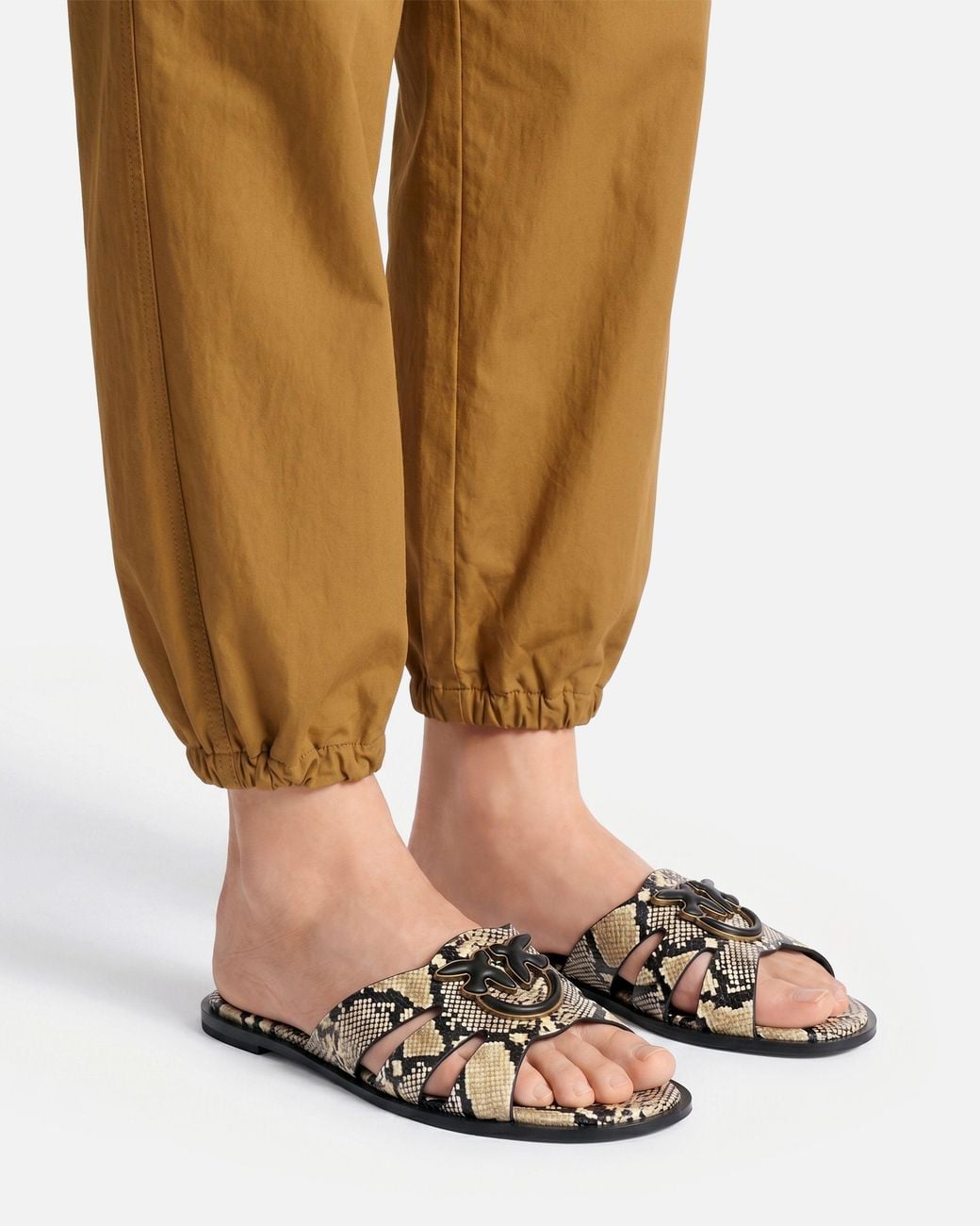 Pinko White Leather Slip-On Sandals With Python Print And Love Birds Logo