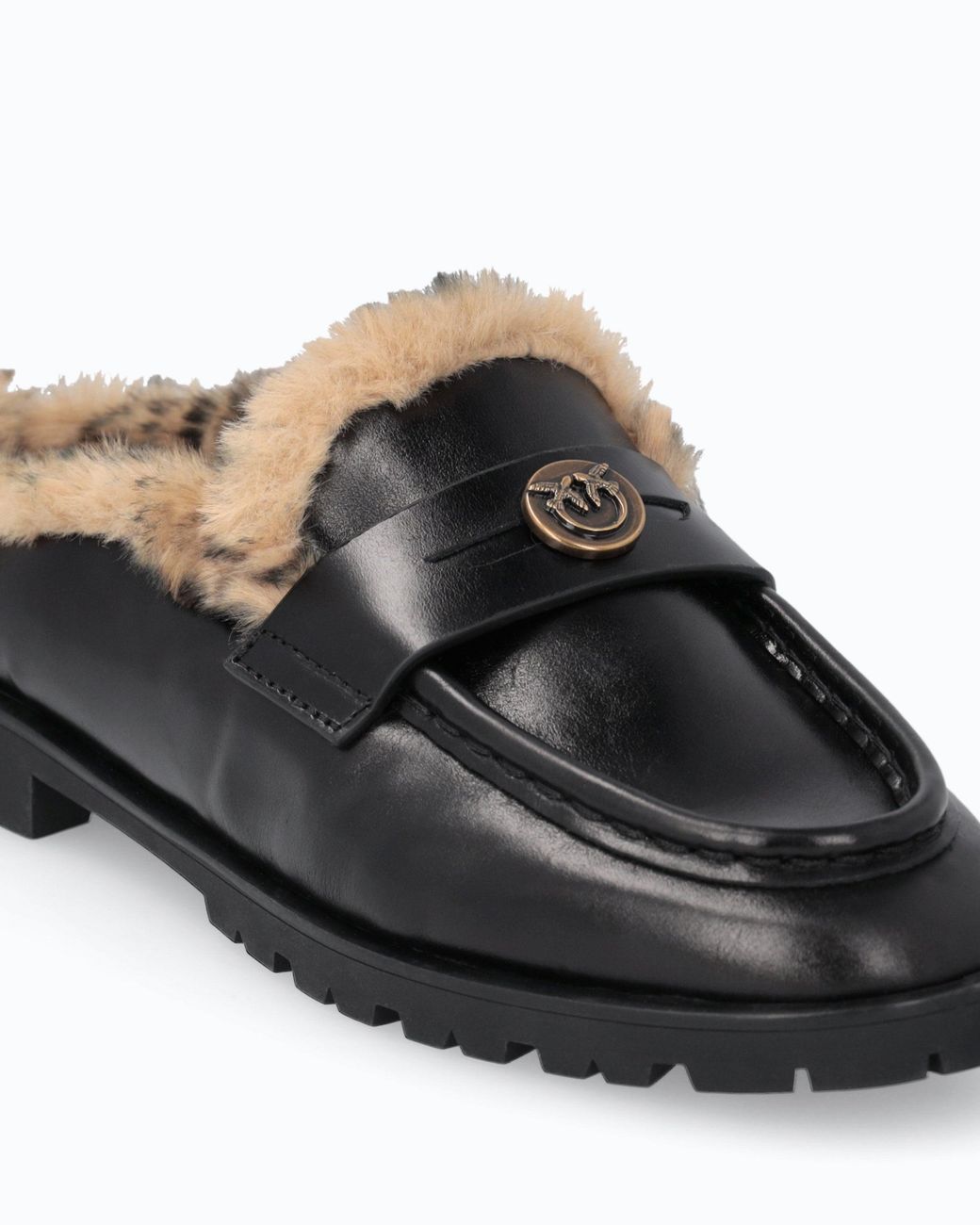 Pinko White Leather Sabot Moccasins With Faux Fur Lining
