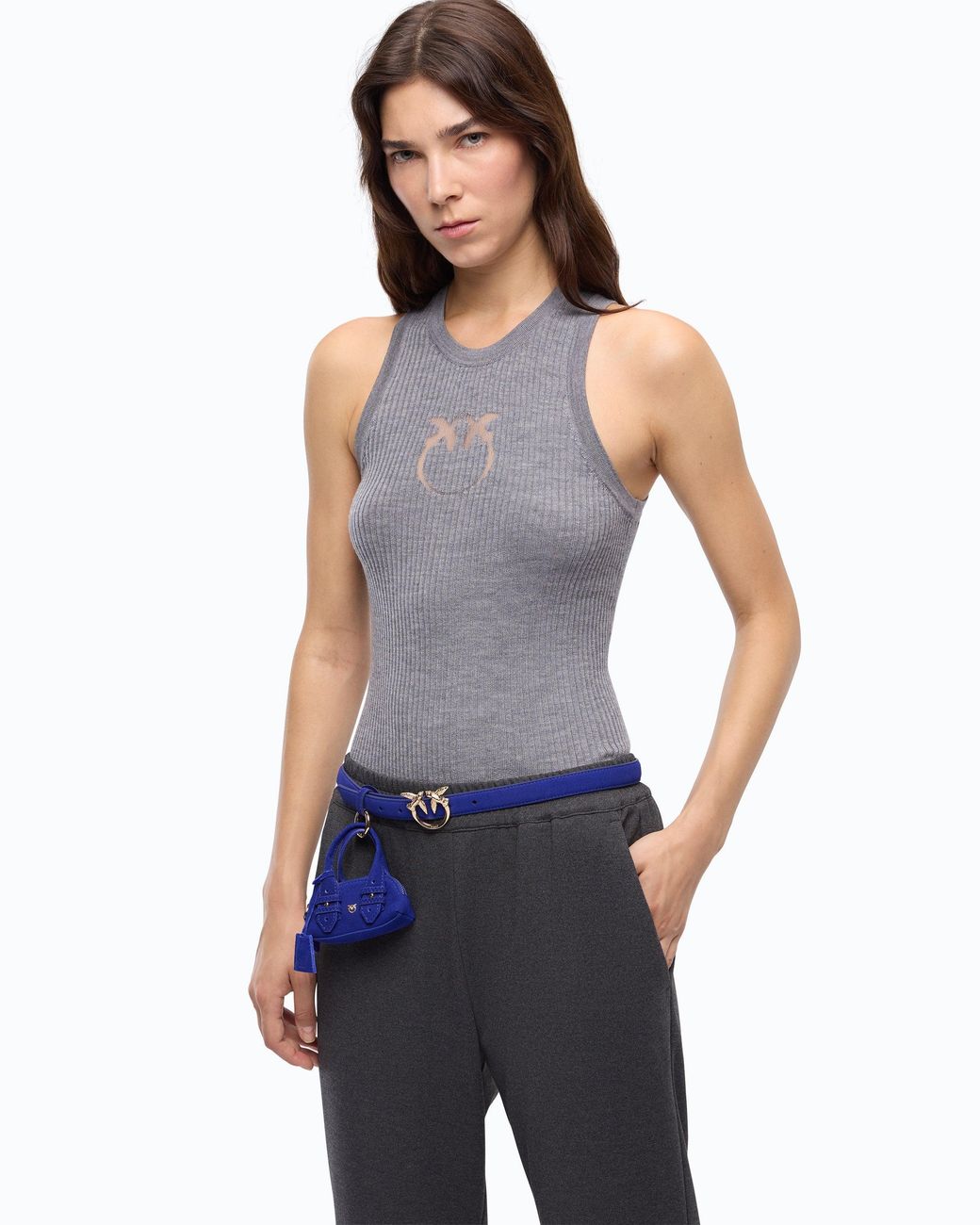 Pinko Gray Ribbed Top With Sheer Love Birds Logo