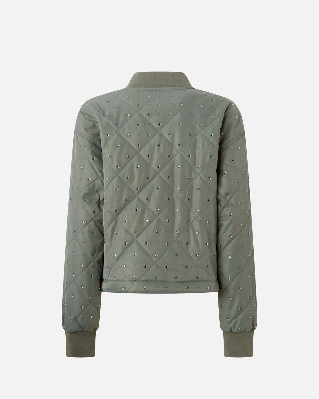 Pinko Green Quilted Bomber Jacket With Rhinestones And Studs