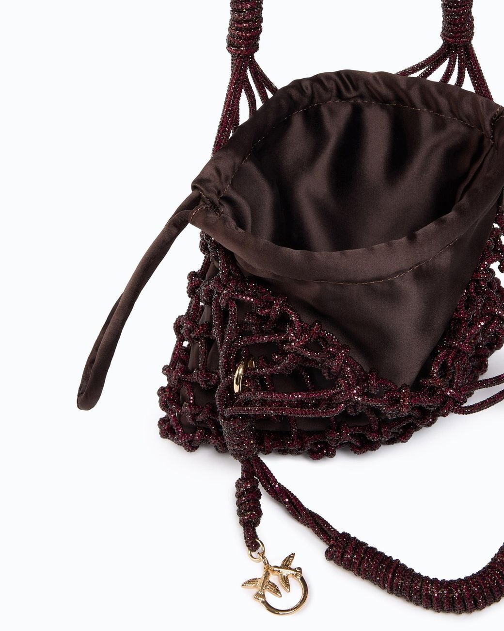 Pinko Brown Small Shoulder Bag With Micro Rhinestones