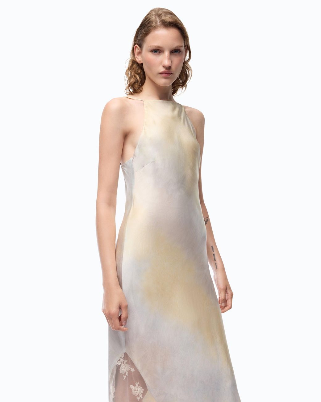 Pinko White Satin Dress With Shaded Color And Lace Insert
