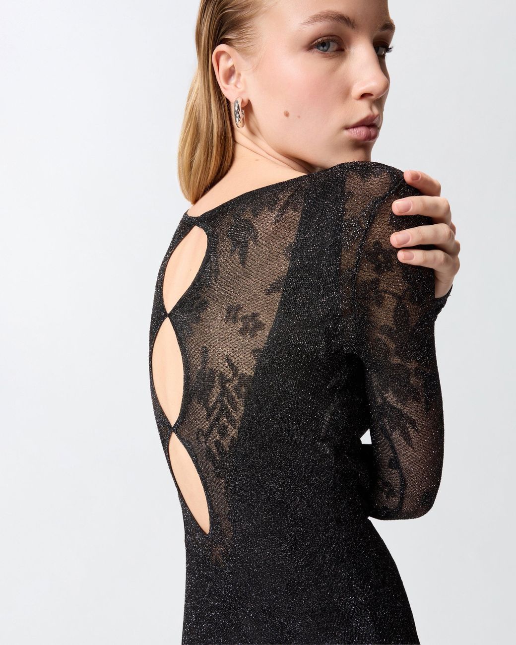 Pinko Black Long Dress With Mesh And Floral Lace